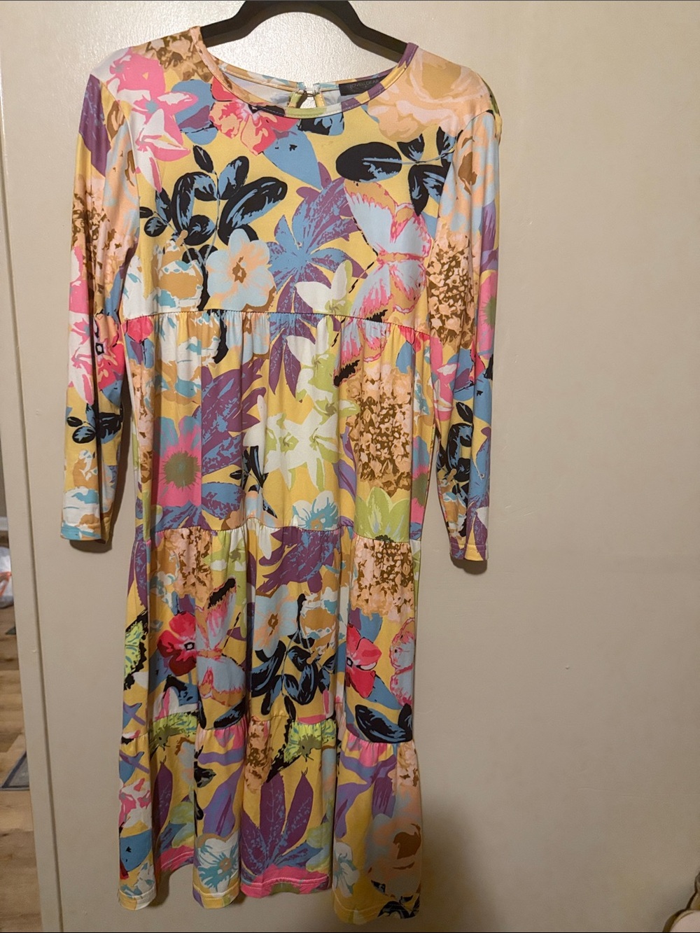 Long-Sleeve Floral Tiered Midi Dress in Yellow Multi